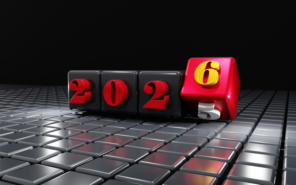 A digital display showing the year 2026, with a highlighted red block indicating the number 6. The background has a sleek or metallic look.
